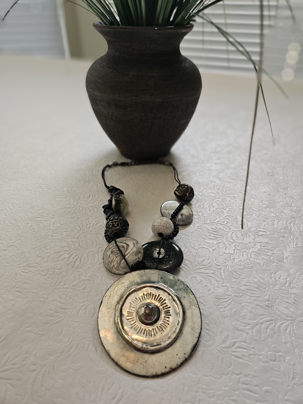 Statement Silver-Tone and Black Pendant Necklace